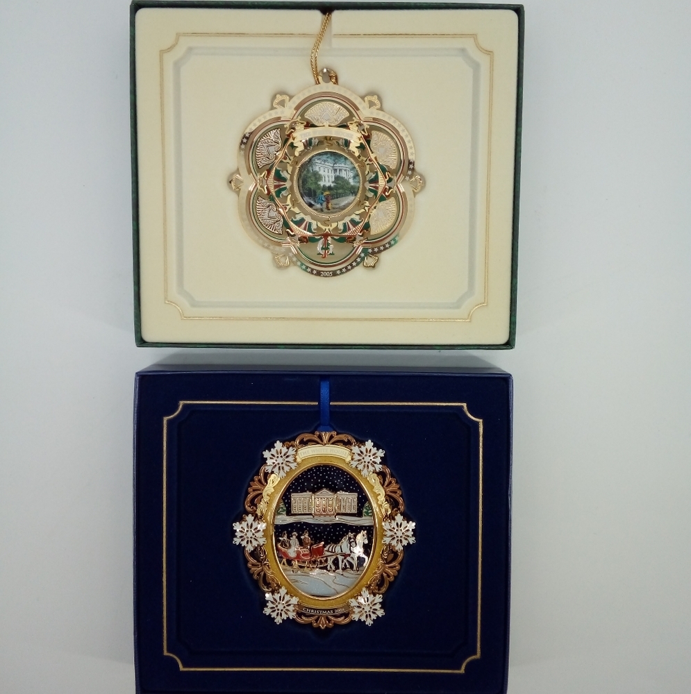 04 & 05 Historical White House Christmas Ornaments In Box 24K Gold Retro